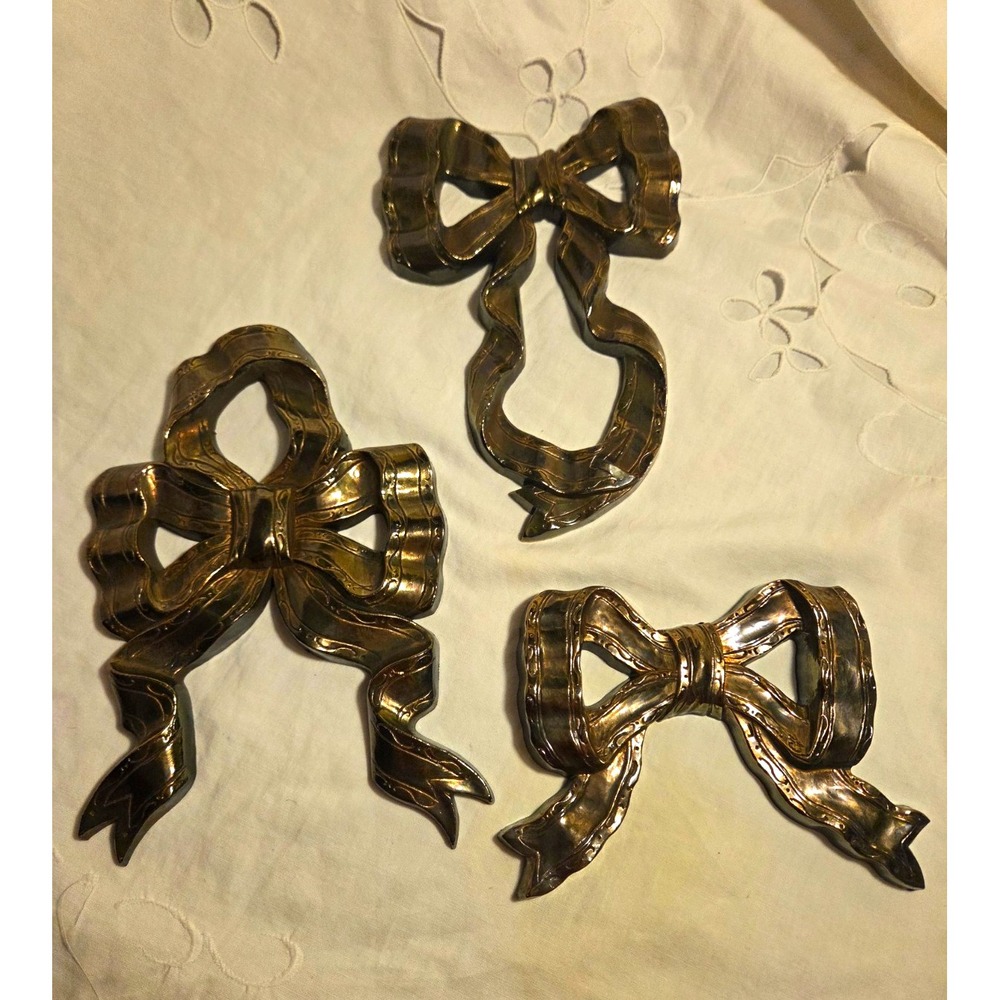 Home Interiors & Gifts Set of 3 Gold/Black Bow Wall Plaques Wall Mounts Homco